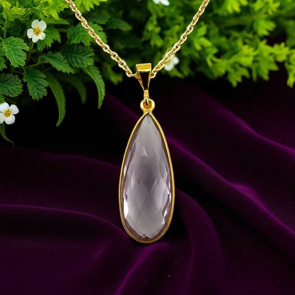 Faceted Amethyst Teardrop Necklace Natural Gemstone Yellow Gold Vermeil - Picture 4 of 11